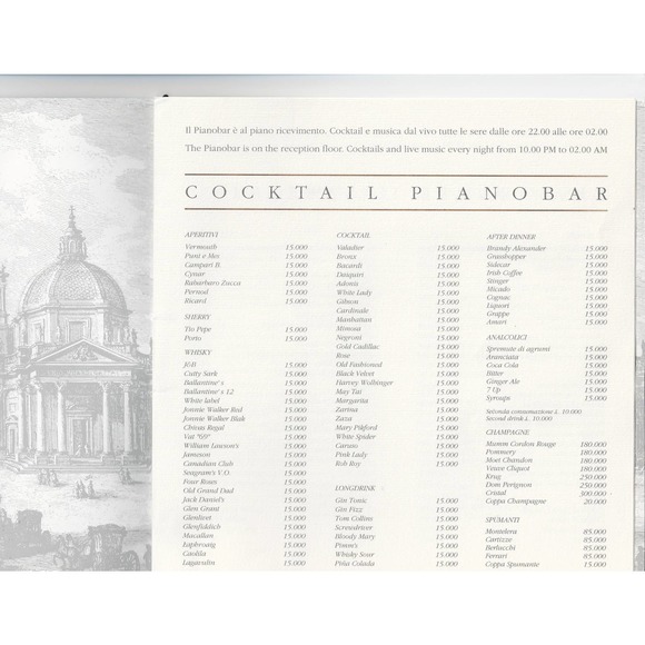 HOTEL VALADIER ROMA RISTORANTE IL VALENTINO COCKTAIL PIANOBAR ROOF GARDEN MENU - Picture 3 of 6